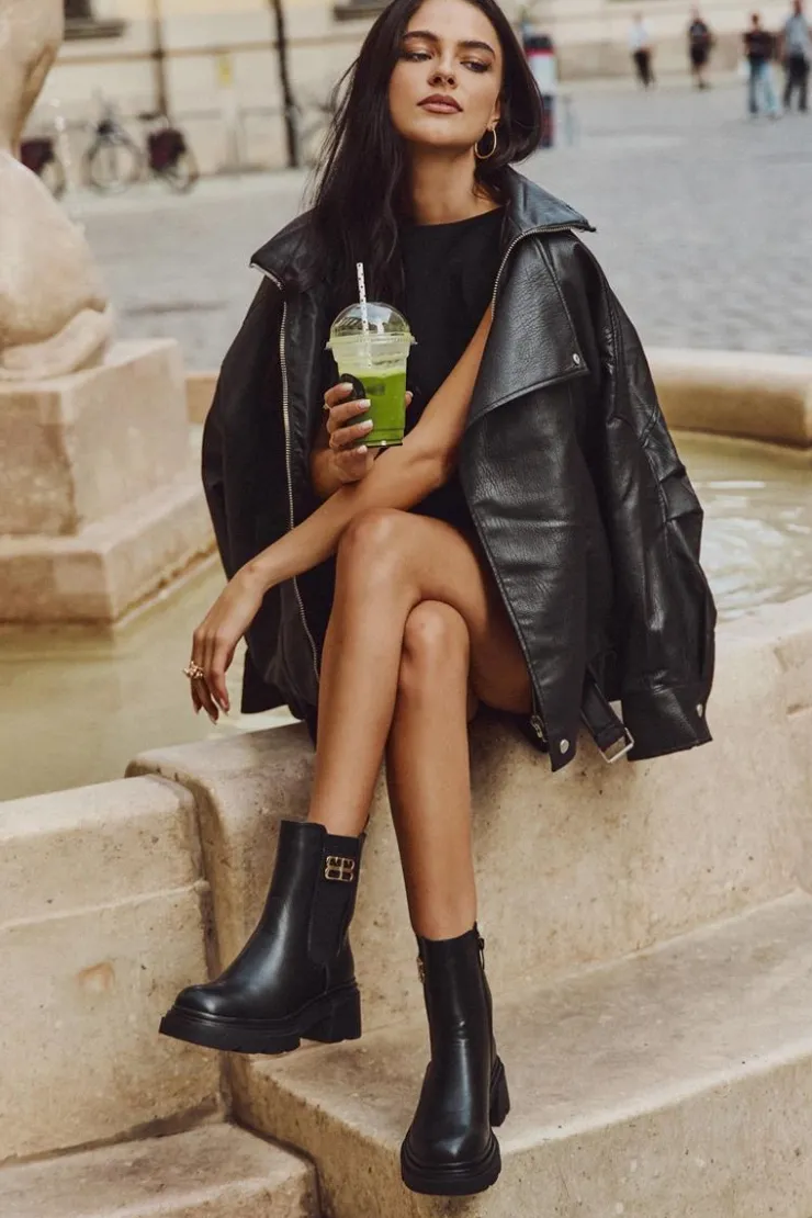 Clearance Boto Botki Sztyblety Damskie Ze Złotym Detalem Ocieplane Czarne Serene Czarny