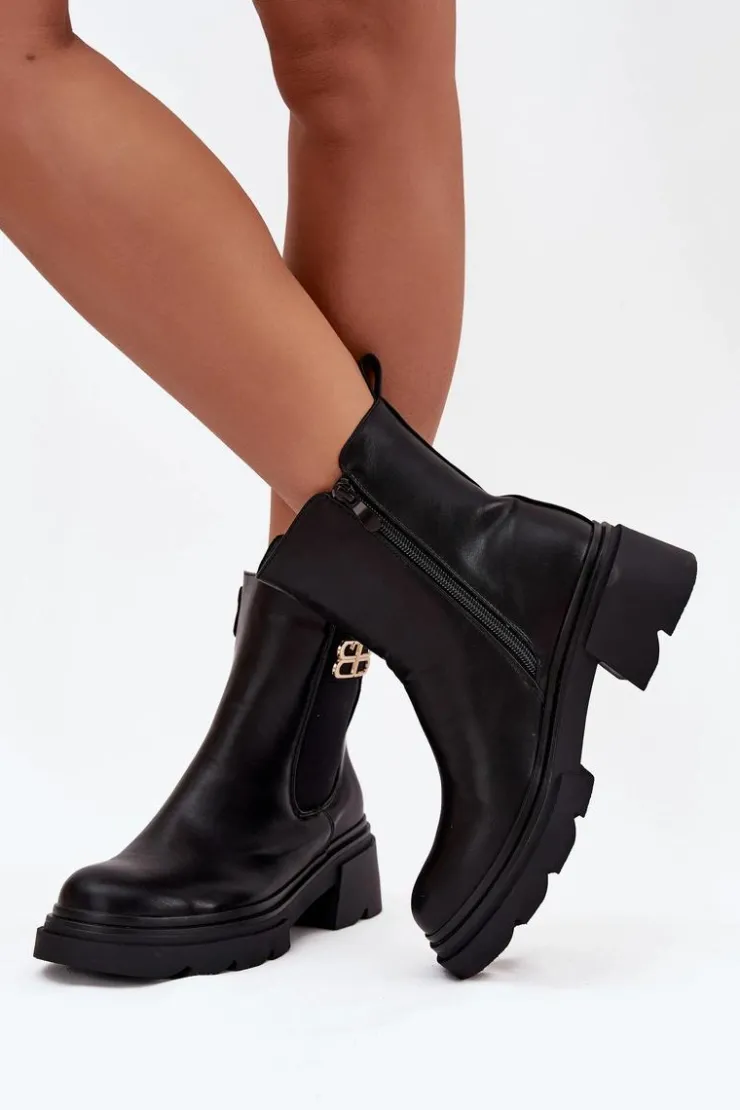 Clearance Boto Botki Sztyblety Damskie Ze Złotym Detalem Ocieplane Czarne Serene Czarny