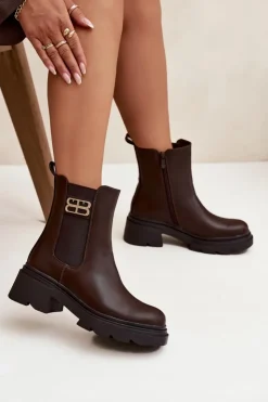 Boto Botki Ocieplane|Botki Na Obcasie*Botki Sztyblety Damskie Ze Złotym Detalem Ocieplane Brązowe Serene