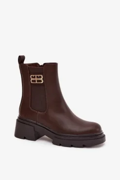 Boto Botki Ocieplane|Botki Na Obcasie*Botki Sztyblety Damskie Ze Złotym Detalem Ocieplane Brązowe Serene