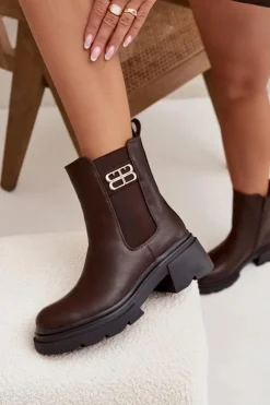 Boto Botki Ocieplane|Botki Na Obcasie*Botki Sztyblety Damskie Ze Złotym Detalem Ocieplane Brązowe Serene