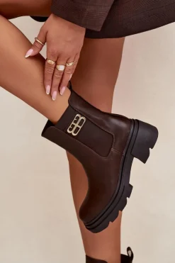 Boto Botki Ocieplane|Botki Na Obcasie*Botki Sztyblety Damskie Ze Złotym Detalem Ocieplane Brązowe Serene