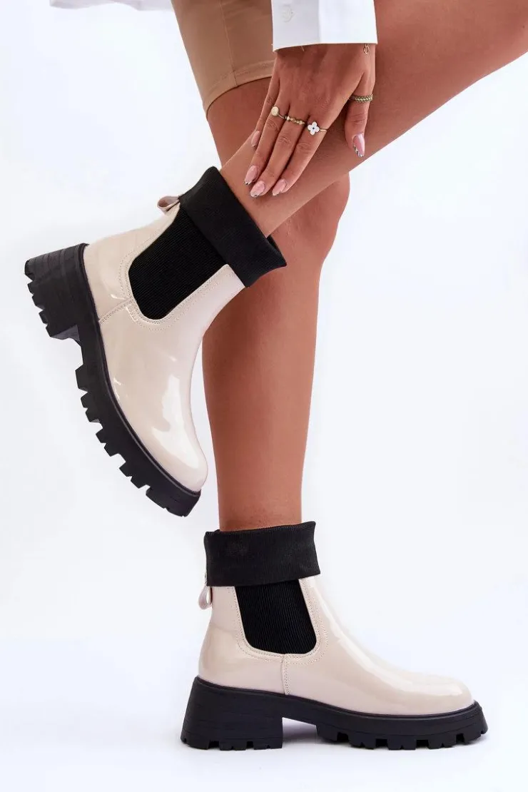 Damskie Boto Botki Sztyblety Lakierowane Damskie Beżowe Pavo