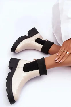 Damskie Boto Botki Sztyblety Lakierowane Damskie Beżowe Pavo