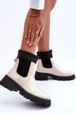 Damskie Boto Botki Sztyblety Lakierowane Damskie Beżowe Pavo