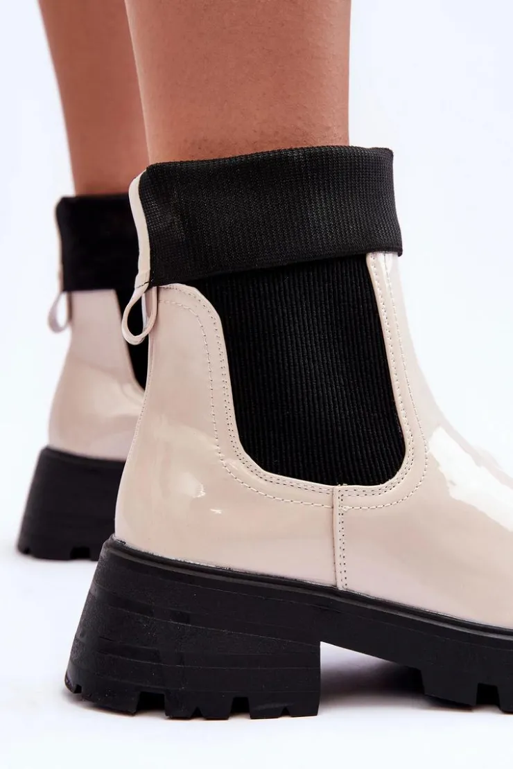 Damskie Boto Botki Sztyblety Lakierowane Damskie Beżowe Pavo