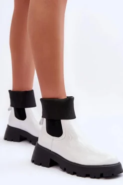 Damskie Boto Botki Sztyblety Lakierowane Damskie Białe Pavo