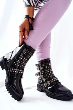 Damskie Boto Botki Sztyblety Lakierowane Z Paskami Czarne Marchelli