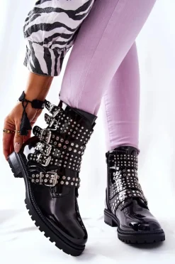 Damskie Boto Botki Sztyblety Lakierowane Z Paskami Czarne Marchelli