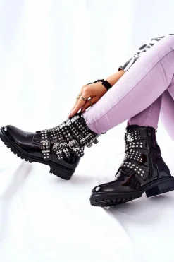 Damskie Boto Botki Sztyblety Lakierowane Z Paskami Czarne Marchelli