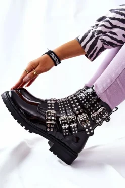 Damskie Boto Botki Sztyblety Lakierowane Z Paskami Czarne Marchelli