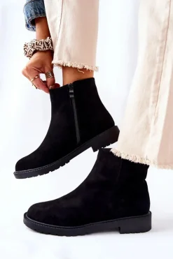 Damskie Boto Botki Sztyblety Na Płaskim Obcasie Czarne Laurette