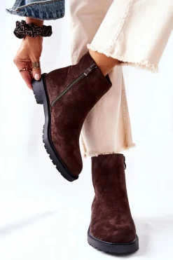 Boto Czarne Botki|Botki Zimowe Damskie*Botki Sztyblety Na Płaskim Obcasie Brązowe Laurette