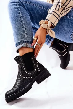 Damskie Boto Botki Sztyblety Na Płaskim Obcasie Ćwieki Czarne Shivers