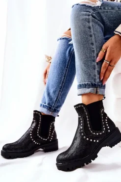 Damskie Boto Botki Sztyblety Na Płaskim Obcasie Ćwieki Czarne Shivers