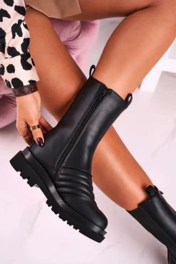 Boto Czarne Botki|Botki Płaskie*Botki Sztyblety Na Platformie Czarne Evelina