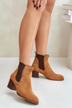 Damskie Boto Botki Sztyblety Na Słupku Z Eko Zamszu Camel Sinirae