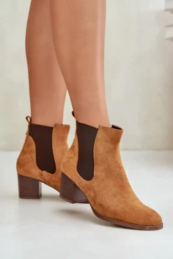 Damskie Boto Botki Sztyblety Na Słupku Z Eko Zamszu Camel Sinirae
