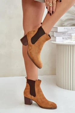 Damskie Boto Botki Sztyblety Na Słupku Z Eko Zamszu Camel Sinirae