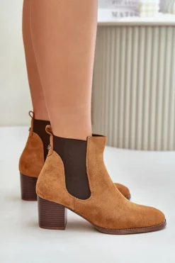 Damskie Boto Botki Sztyblety Na Słupku Z Eko Zamszu Camel Sinirae