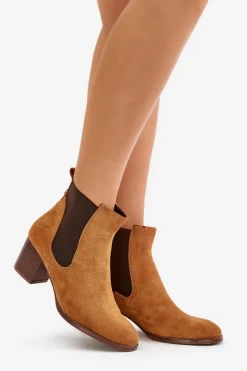 Damskie Boto Botki Sztyblety Na Słupku Z Eko Zamszu Camel Sinirae