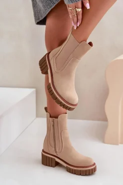 Damskie Boto Botki Sztyblety Na Zamek Ocieplane Beżowe Linneviae