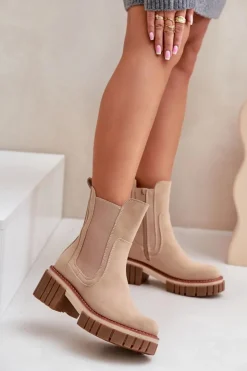 Damskie Boto Botki Sztyblety Na Zamek Ocieplane Beżowe Linneviae