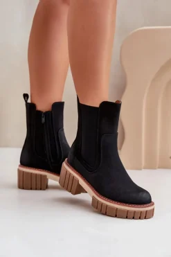 Boto Czarne Botki|Botki Na Obcasie*Botki Sztyblety Na Zamek Ocieplane Czarne Linneviae
