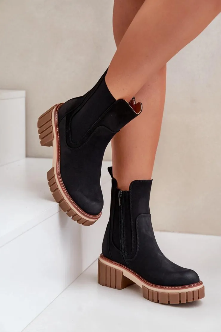 Boto Czarne Botki|Botki Na Obcasie*Botki Sztyblety Na Zamek Ocieplane Czarne Linneviae
