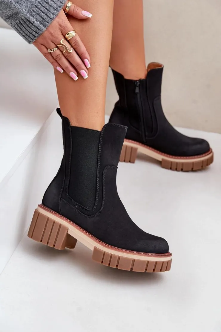 Boto Czarne Botki|Botki Na Obcasie*Botki Sztyblety Na Zamek Ocieplane Czarne Linneviae