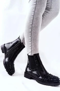 New Boto Botki Sztyblety Z Dżetami Czarne Monah