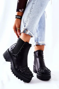 Boto Botki Na Słupku|Czarne Botki*Botki Sztyblety Z Dżetami Czarne Comonis