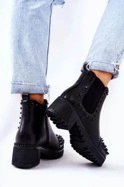 Boto Botki Na Słupku|Czarne Botki*Botki Sztyblety Z Dżetami Czarne Comonis