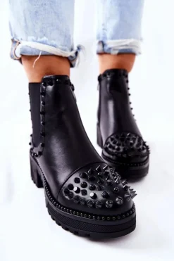 Boto Botki Na Słupku|Czarne Botki*Botki Sztyblety Z Dżetami Czarne Comonis