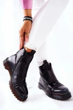 Damskie Boto Botki Sztyblety Z Kolorowym Przeszyciem Czarne Milie