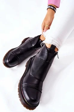 Damskie Boto Botki Sztyblety Z Kolorowym Przeszyciem Czarne Milie