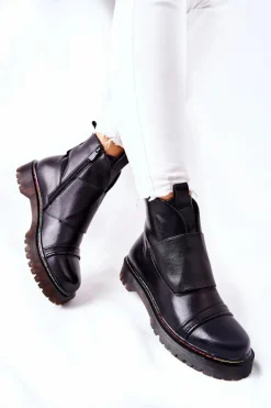 Damskie Boto Botki Sztyblety Z Kolorowym Przeszyciem Czarne Milie