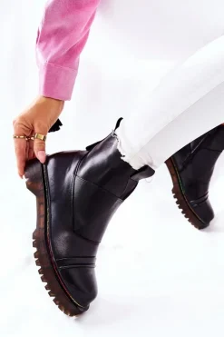 Damskie Boto Botki Sztyblety Z Kolorowym Przeszyciem Czarne Milie