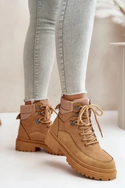 Hot Boto Botki Trapery Damskie Sznurowane Camel Rabaria
