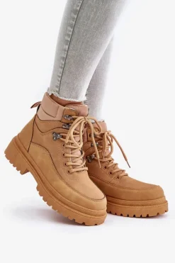 Hot Boto Botki Trapery Damskie Sznurowane Camel Rabaria