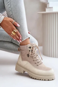Damskie Boto Botki Trapery Damskie Sznurowane Beżowe Rabaria