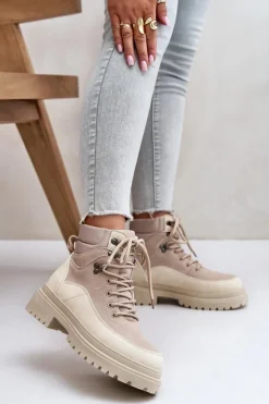 Damskie Boto Botki Trapery Damskie Sznurowane Beżowe Rabaria