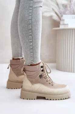 Damskie Boto Botki Trapery Damskie Sznurowane Beżowe Rabaria