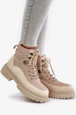 Damskie Boto Botki Trapery Damskie Sznurowane Beżowe Rabaria