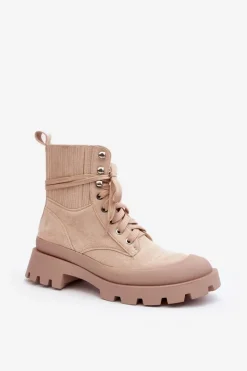 Damskie Boto Botki Trapery Damskie Sznurowane Beżowe Gordts