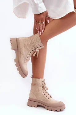 Damskie Boto Botki Trapery Damskie Sznurowane Beżowe Gordts