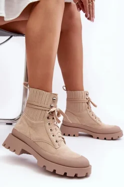 Damskie Boto Botki Trapery Damskie Sznurowane Beżowe Gordts