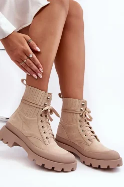 Damskie Boto Botki Trapery Damskie Sznurowane Beżowe Gordts