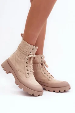 Damskie Boto Botki Trapery Damskie Sznurowane Beżowe Gordts