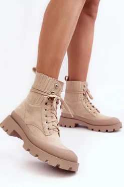 Damskie Boto Botki Trapery Damskie Sznurowane Beżowe Gordts